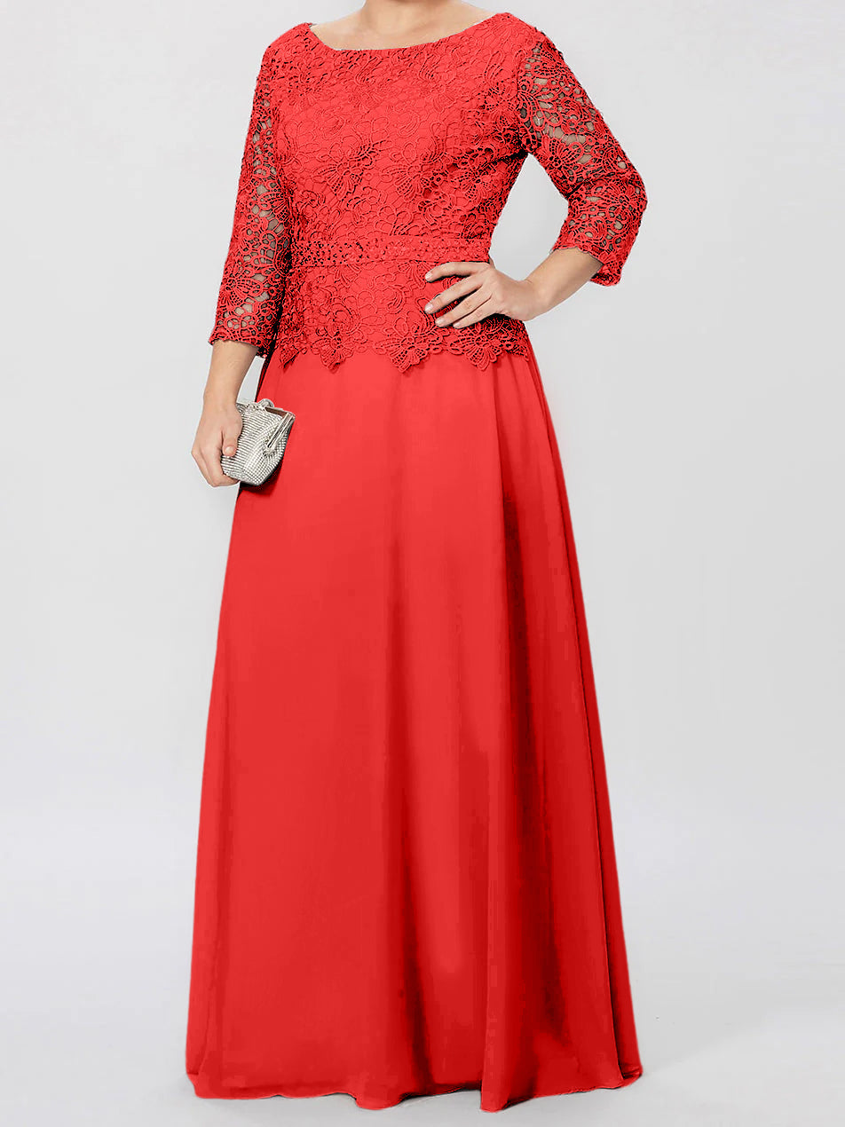 Long A Line Gown with Round Neck and 3/4 Sleeves Embellished with Applique & Sequins