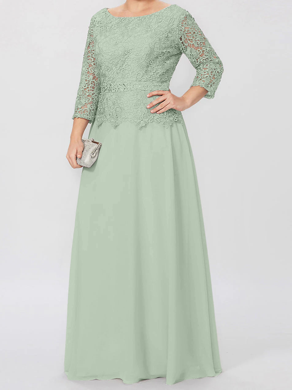 Long A Line Gown with Round Neck and 3/4 Sleeves Embellished with Applique & Sequins