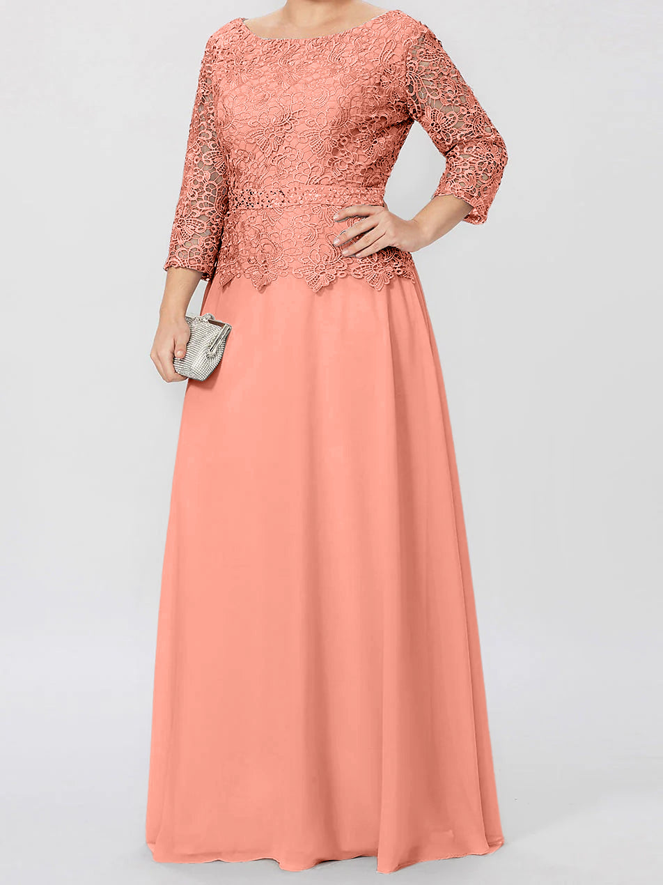 Long A Line Gown with Round Neck and 3/4 Sleeves Embellished with Applique & Sequins