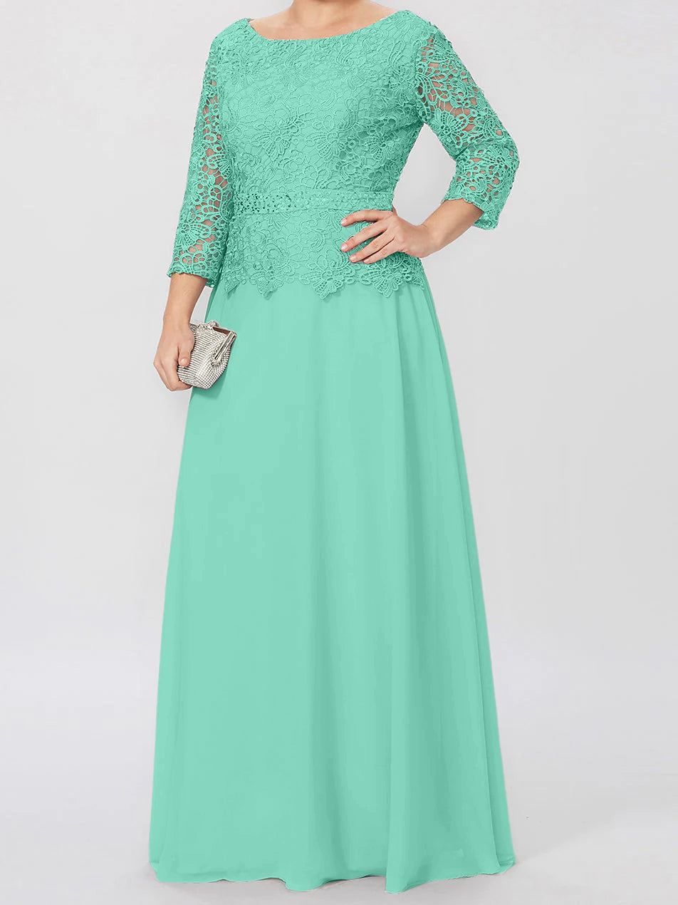 Long A Line Gown with Round Neck and 3/4 Sleeves Embellished with Applique & Sequins