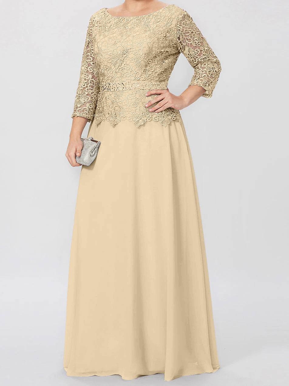 Long A Line Gown with Round Neck and 3/4 Sleeves Embellished with Applique & Sequins