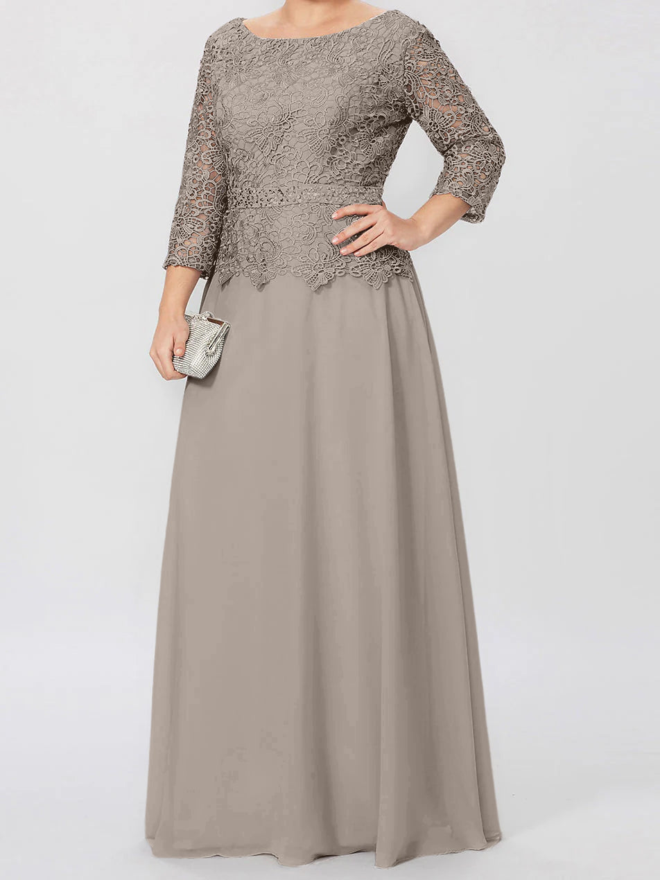 Long A Line Gown with Round Neck and 3/4 Sleeves Embellished with Applique & Sequins