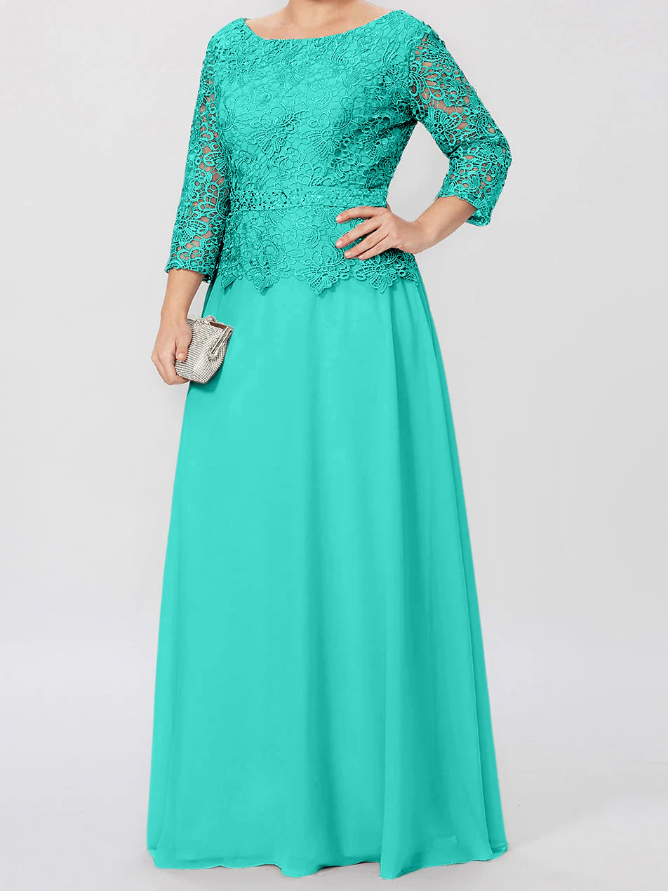 Long A Line Gown with Round Neck and 3/4 Sleeves Embellished with Applique & Sequins