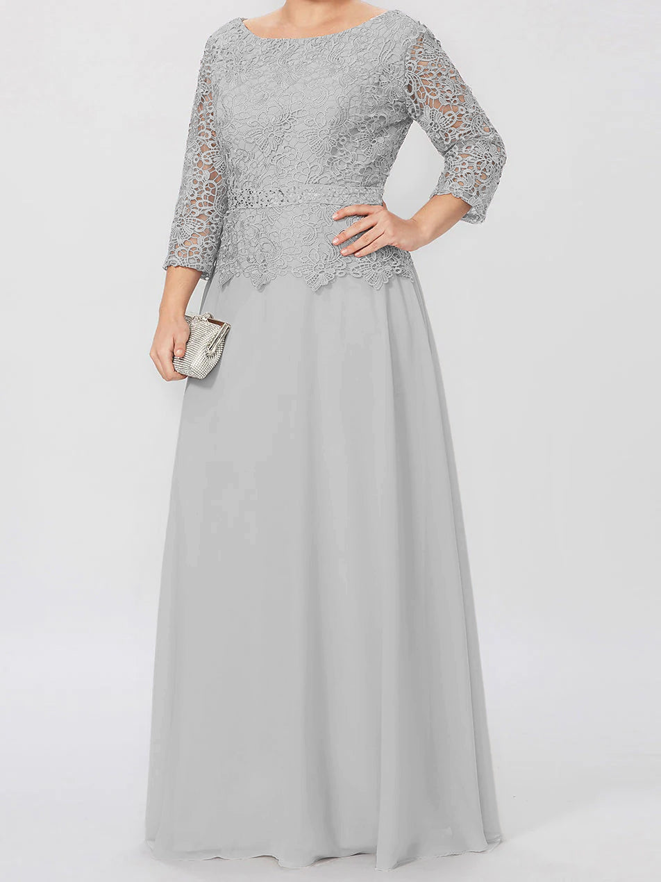 Long A Line Gown with Round Neck and 3/4 Sleeves Embellished with Applique & Sequins