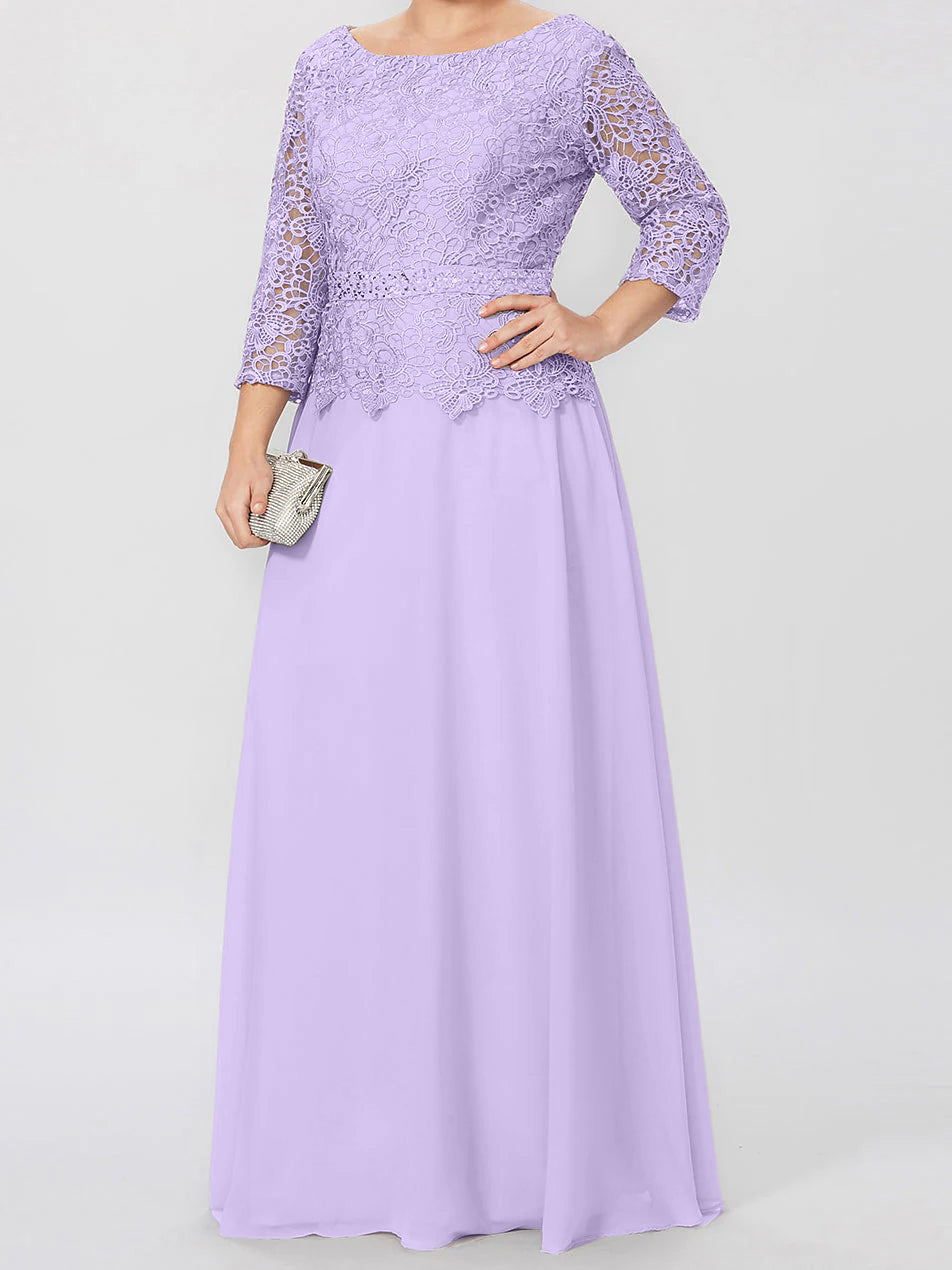 Long A Line Gown with Round Neck and 3/4 Sleeves Embellished with Applique & Sequins