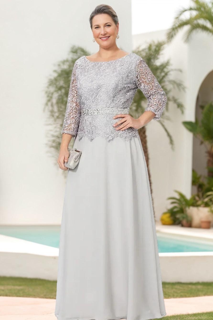 Long A Line Gown with Round Neck and 3/4 Sleeves Embellished with Applique & Sequins