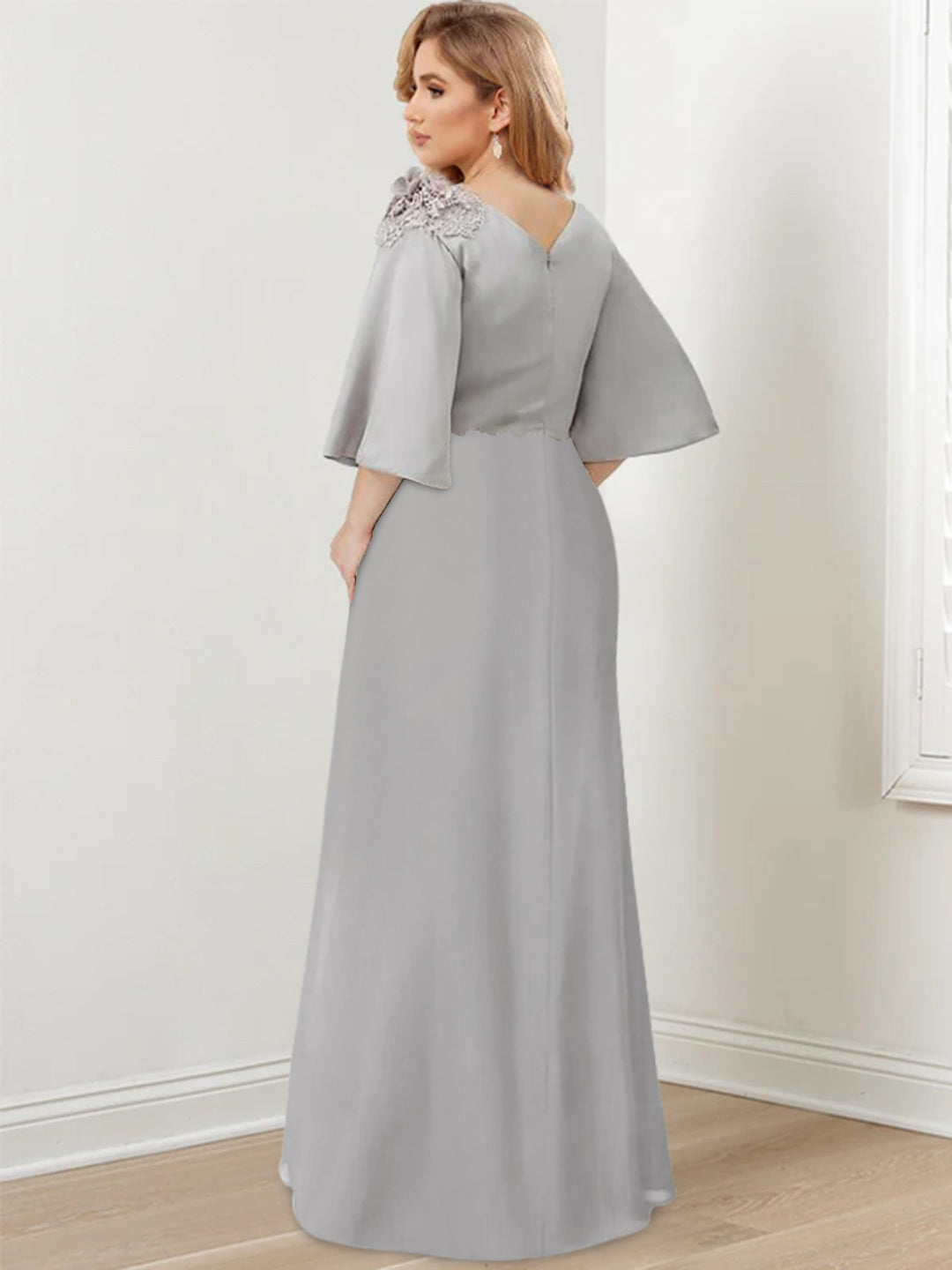 Long A Line Gown with Scoop Neck and 3/4 Ruffled Sleeves for the Mother of the Bride