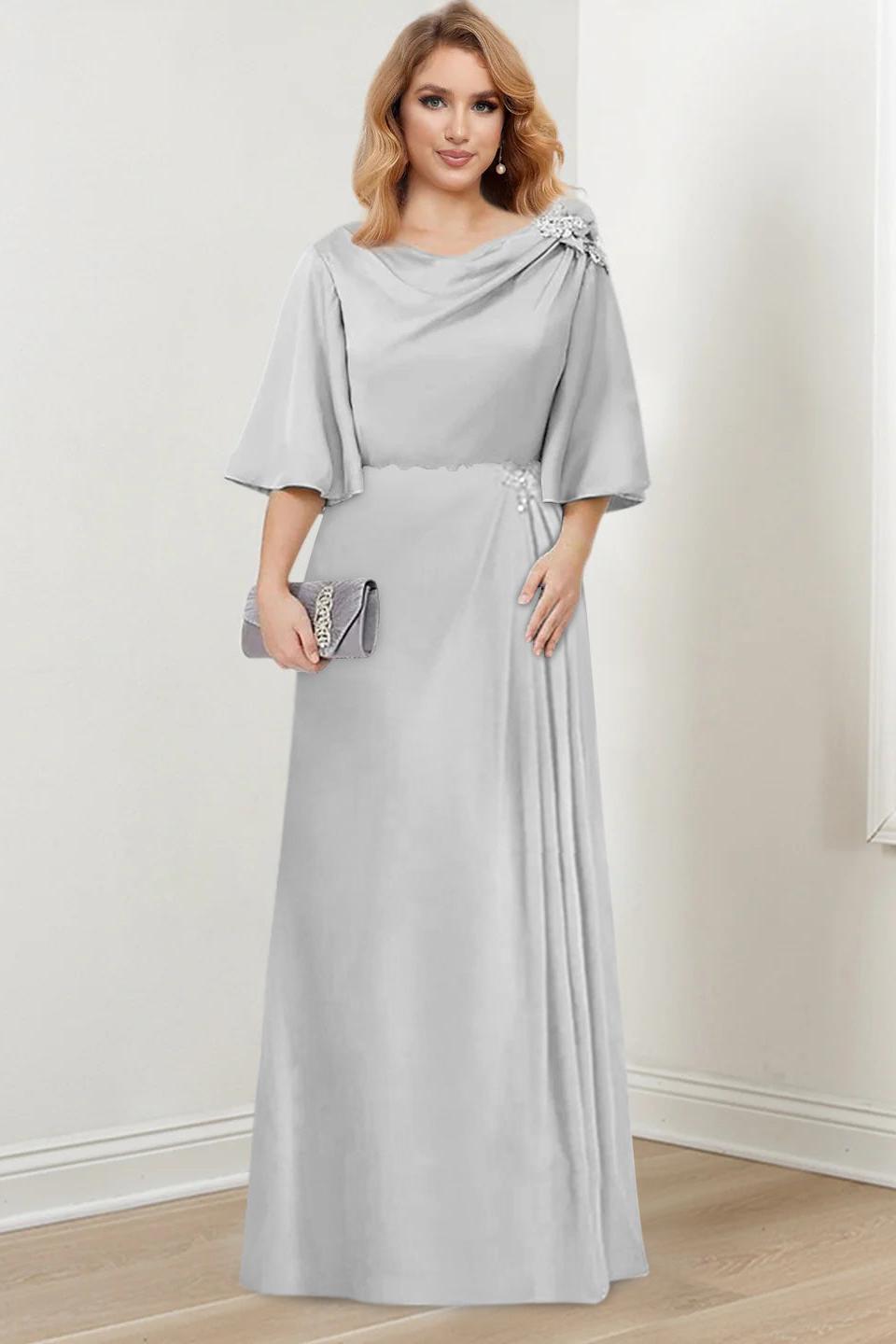 Long A Line Gown with Scoop Neck and 3/4 Ruffled Sleeves for the Mother of the Bride