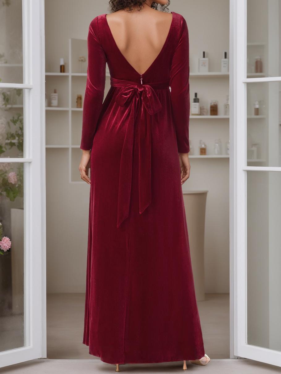 Long A Line Gown with Scoop Neck and Long Ruffled Sleeves