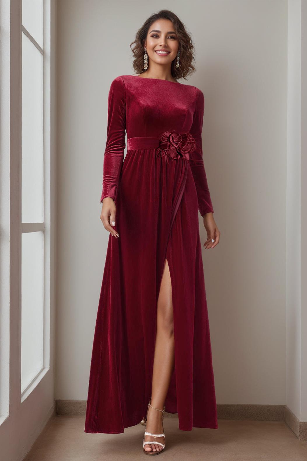Long A Line Gown with Scoop Neck and Long Ruffled Sleeves