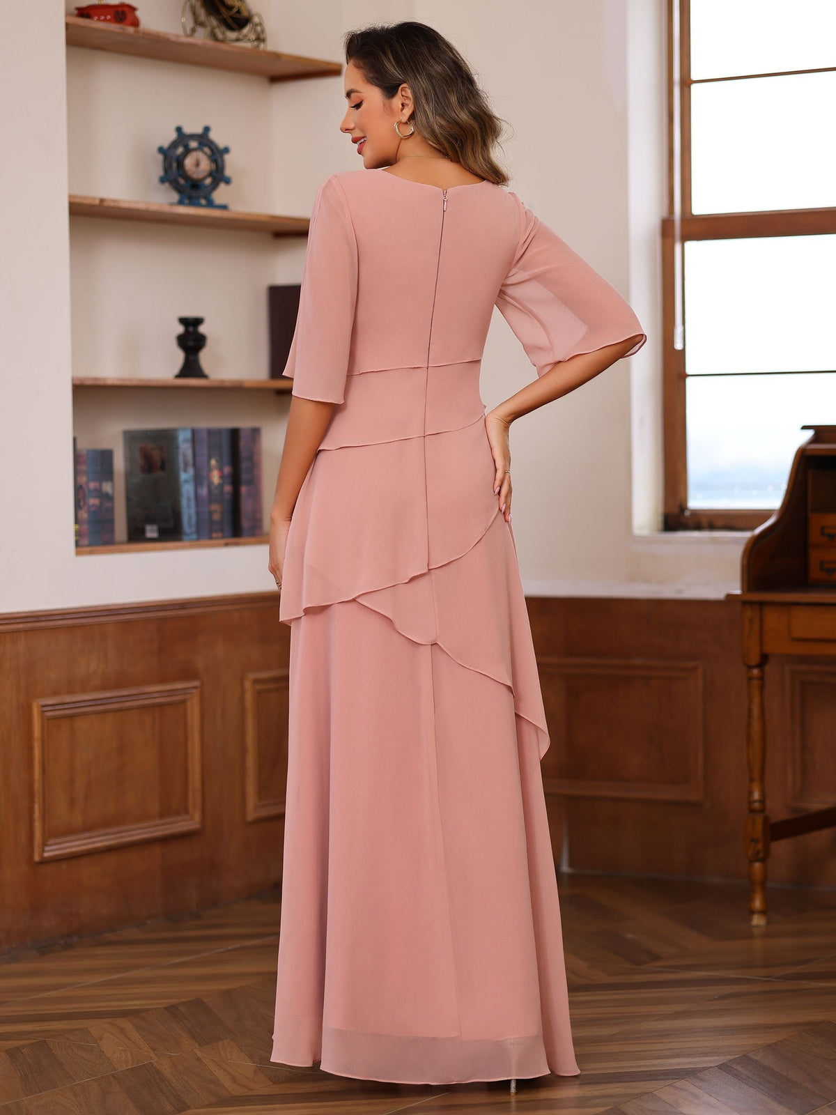 Long A Line Gown with Scoop Neck and Ruffled Half Sleeves
