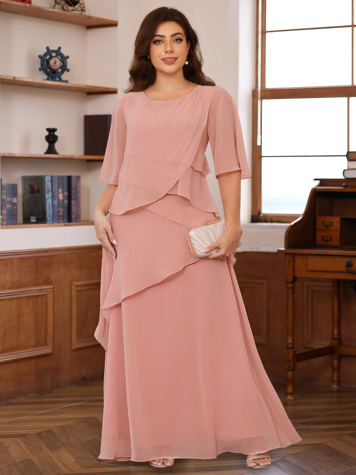 Long A Line Gown with Scoop Neck and Ruffled Half Sleeves