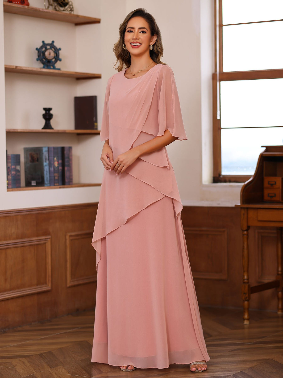 Long A Line Gown with Scoop Neck and Ruffled Half Sleeves