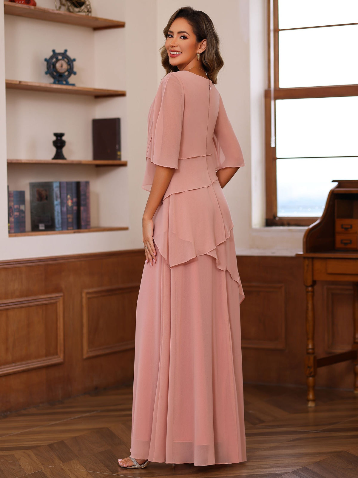 Long A Line Gown with Scoop Neck and Ruffled Half Sleeves