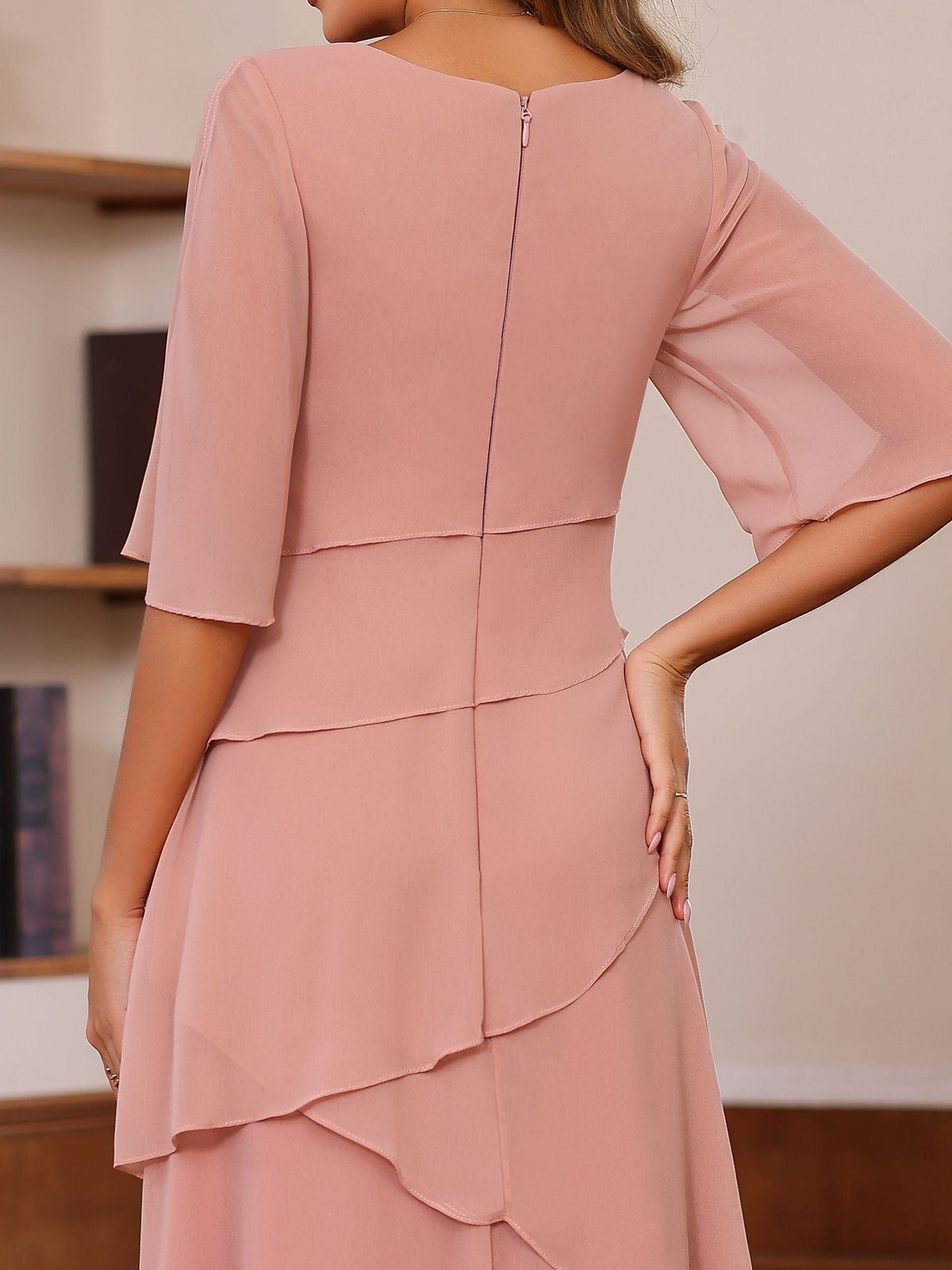 Long A Line Gown with Scoop Neck and Ruffled Half Sleeves