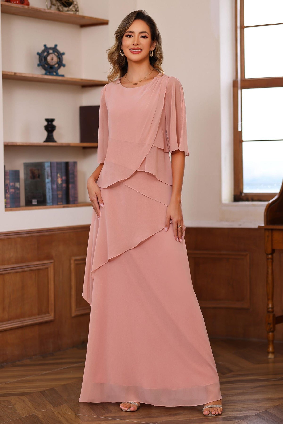 Long A Line Gown with Scoop Neck and Ruffled Half Sleeves