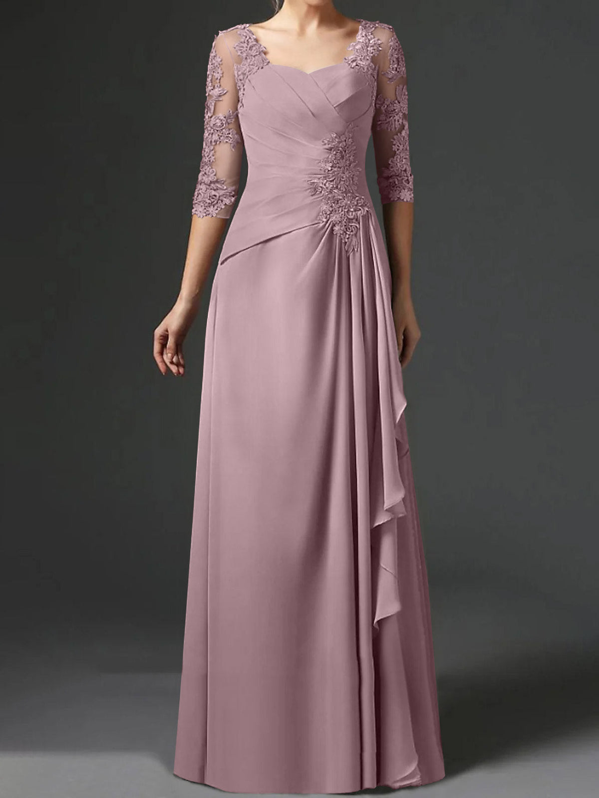 Long A Line Gown with Square Neck and Half Sleeves