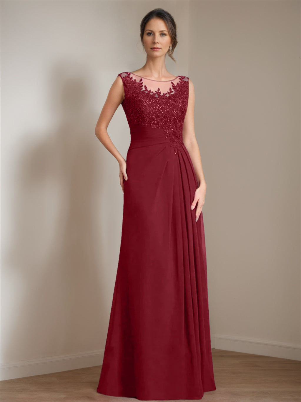 Long A Line Mother of the Bride Dress with Scoop Neck Pleats and Sequins
