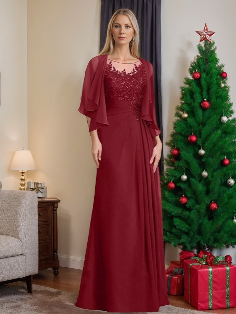 Long A Line Mother of the Bride Dress with Scoop Neck Pleats and Sequins