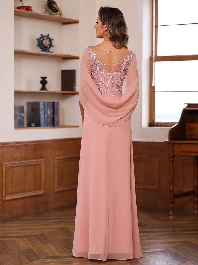 Long A Line Scoop Mother of the Bride Dress with Pleated & Sequins