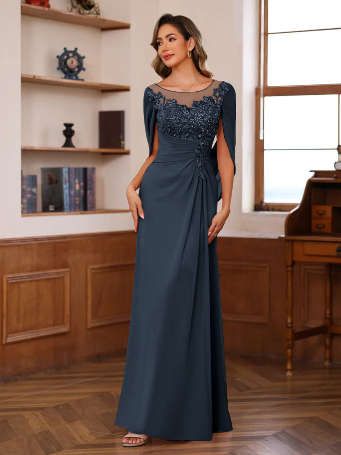 Long A Line Scoop Mother of the Bride Dress with Pleated & Sequins