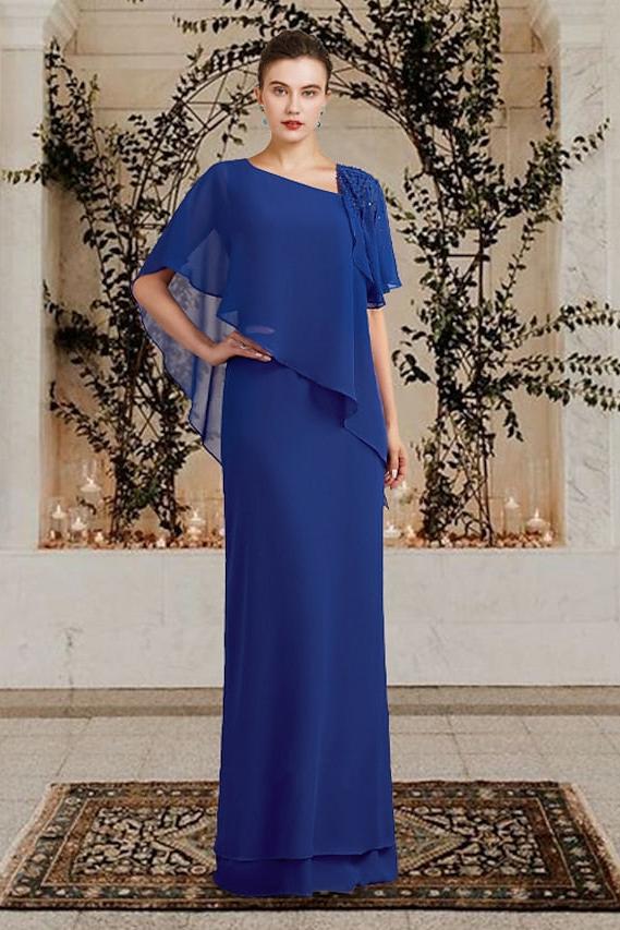Long Bateau Neck Mother of the Bride Sheath Column Dress