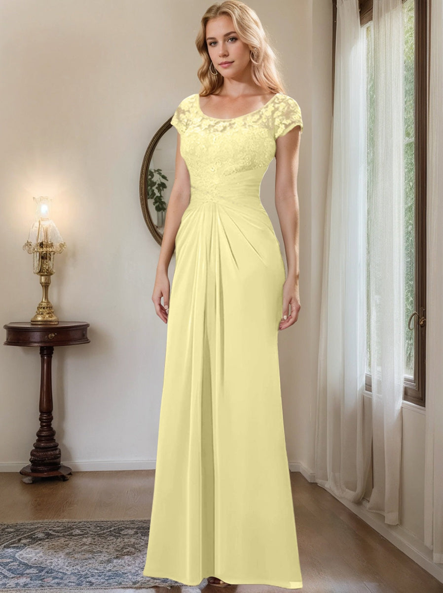 Long Chiffon Mother of the Bride Dress with Lace Ruffle and Sheath Column Scoop
