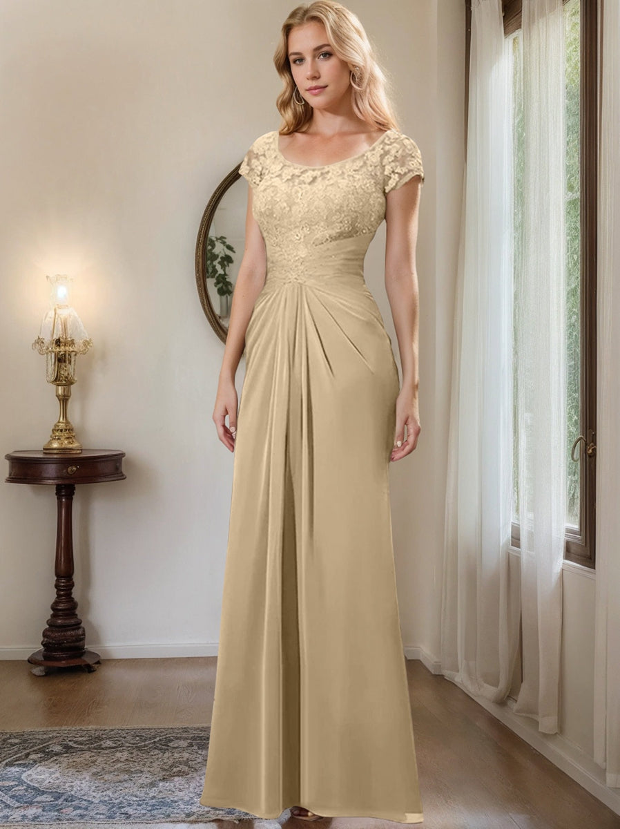 Long Chiffon Mother of the Bride Dress with Lace Ruffle and Sheath Column Scoop