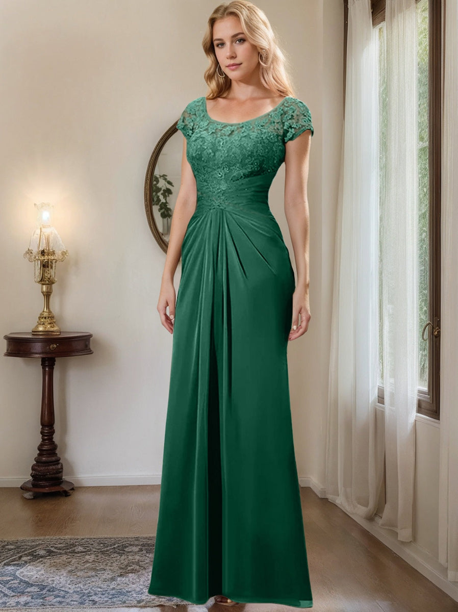 Long Chiffon Mother of the Bride Dress with Lace Ruffle and Sheath Column Scoop