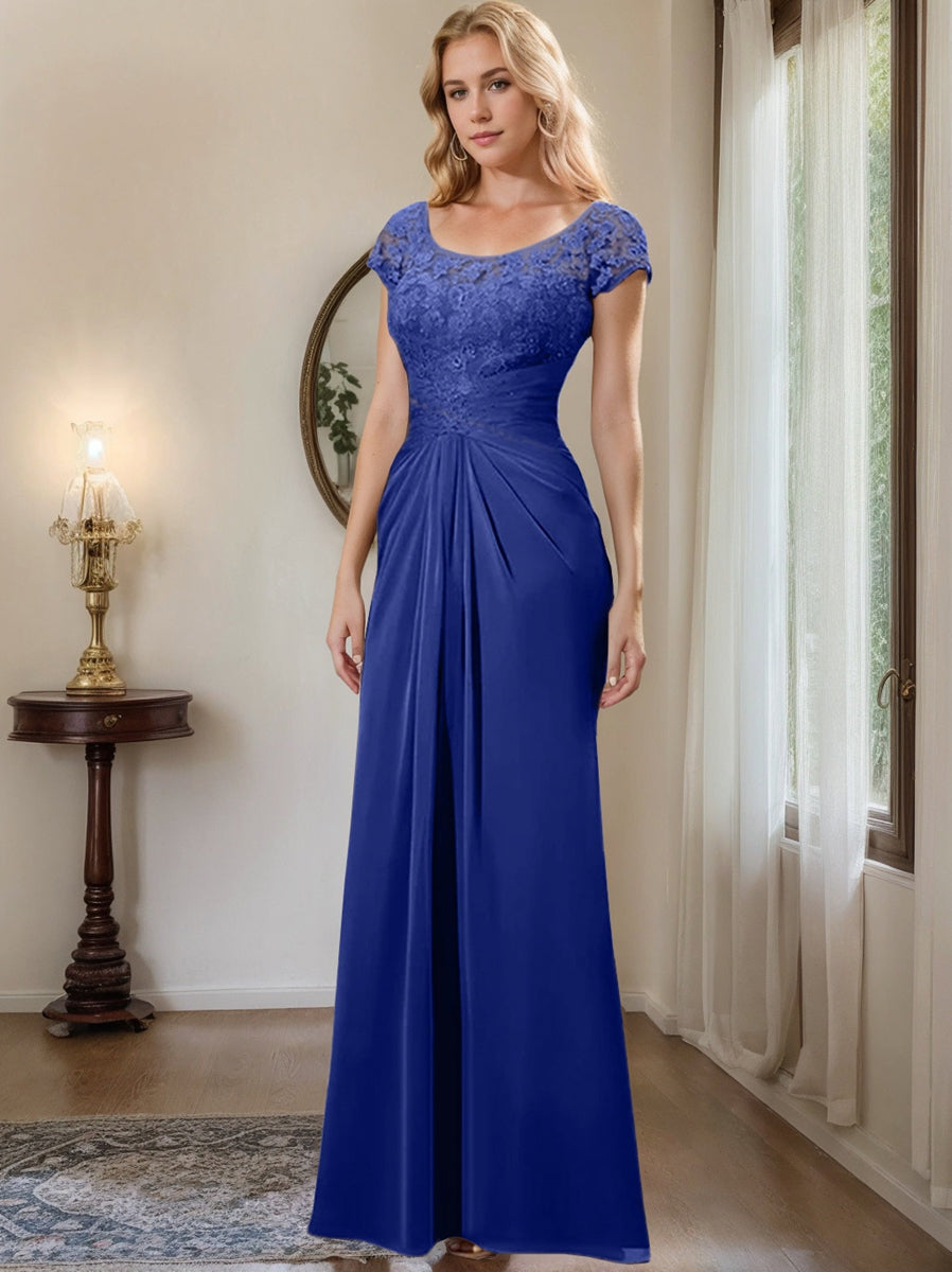 Long Chiffon Mother of the Bride Dress with Lace Ruffle and Sheath Column Scoop