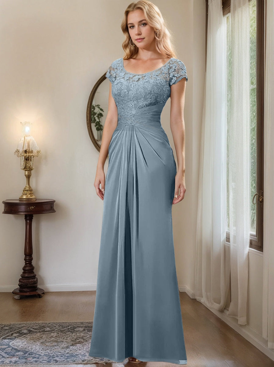 Long Chiffon Mother of the Bride Dress with Lace Ruffle and Sheath Column Scoop