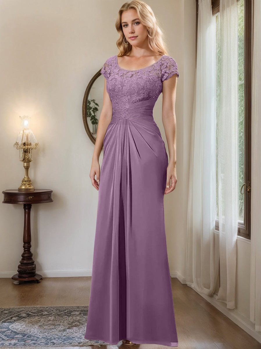 Long Chiffon Mother of the Bride Dress with Lace Ruffle and Sheath Column Scoop