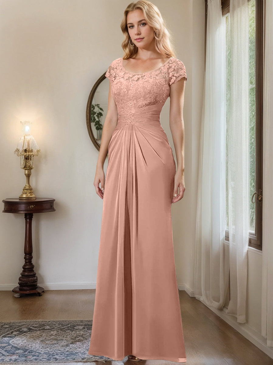 Long Chiffon Mother of the Bride Dress with Lace Ruffle and Sheath Column Scoop