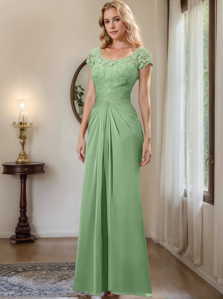 Long Chiffon Mother of the Bride Dress with Lace Ruffle and Sheath Column Scoop