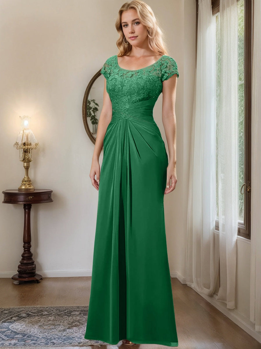 Long Chiffon Mother of the Bride Dress with Lace Ruffle and Sheath Column Scoop