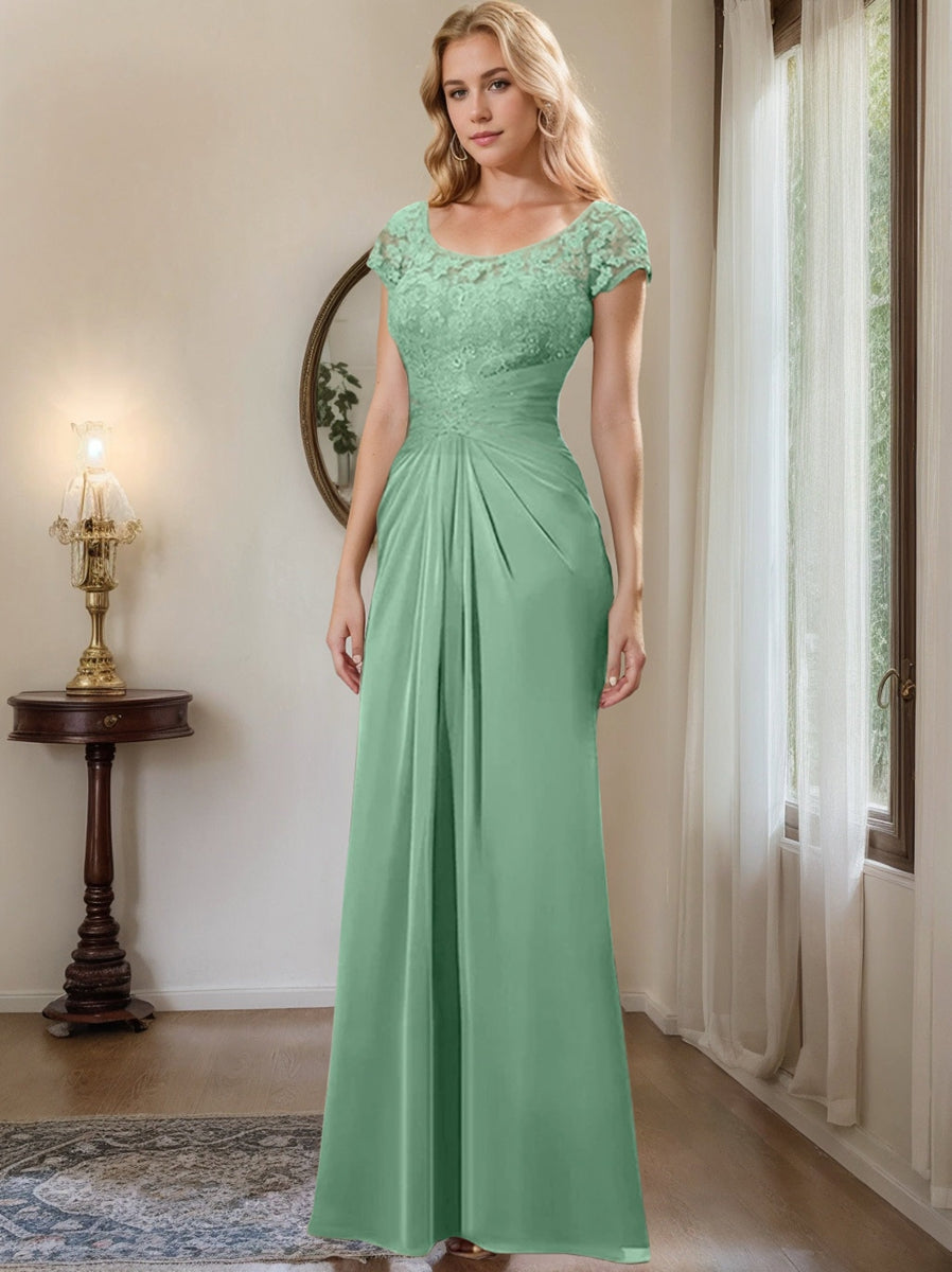 Long Chiffon Mother of the Bride Dress with Lace Ruffle and Sheath Column Scoop