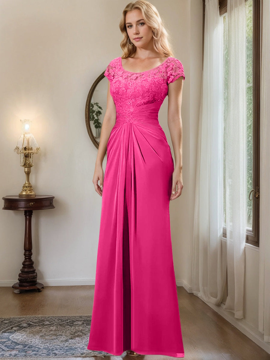 Long Chiffon Mother of the Bride Dress with Lace Ruffle and Sheath Column Scoop