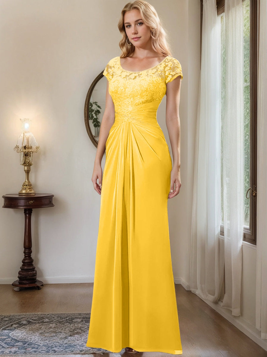 Long Chiffon Mother of the Bride Dress with Lace Ruffle and Sheath Column Scoop
