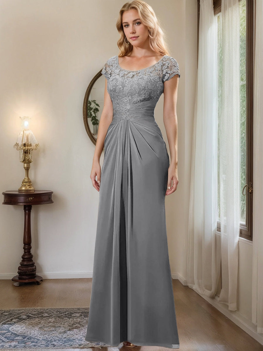Long Chiffon Mother of the Bride Dress with Lace Ruffle and Sheath Column Scoop