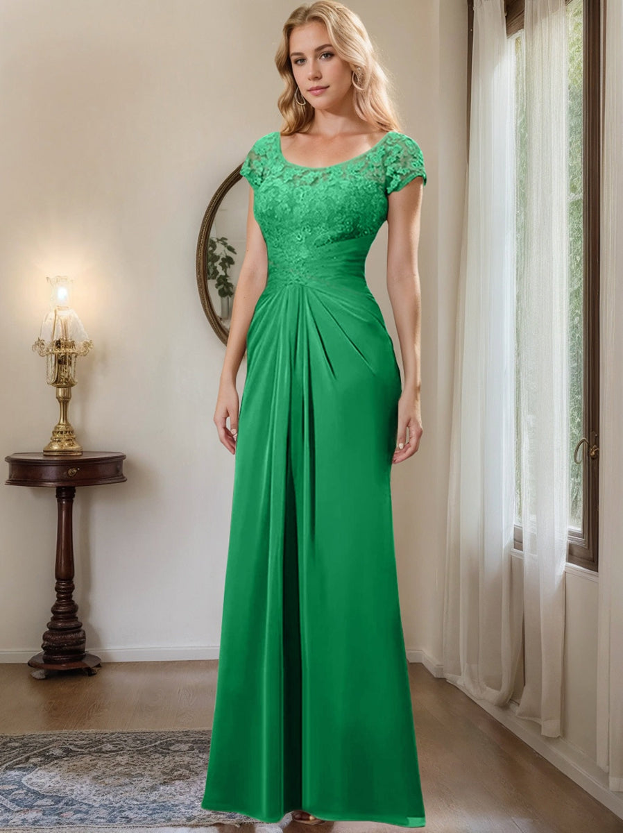 Long Chiffon Mother of the Bride Dress with Lace Ruffle and Sheath Column Scoop