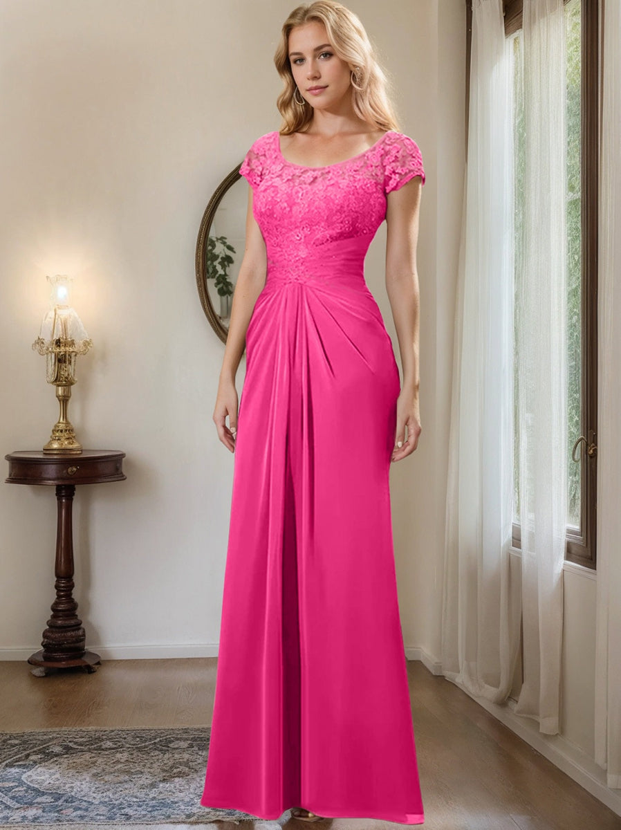 Long Chiffon Mother of the Bride Dress with Lace Ruffle and Sheath Column Scoop