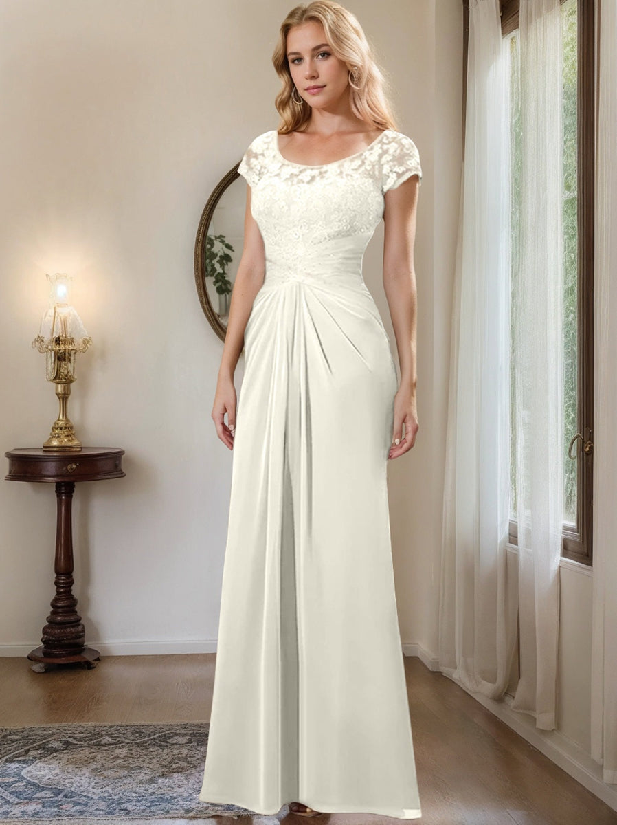 Long Chiffon Mother of the Bride Dress with Lace Ruffle and Sheath Column Scoop