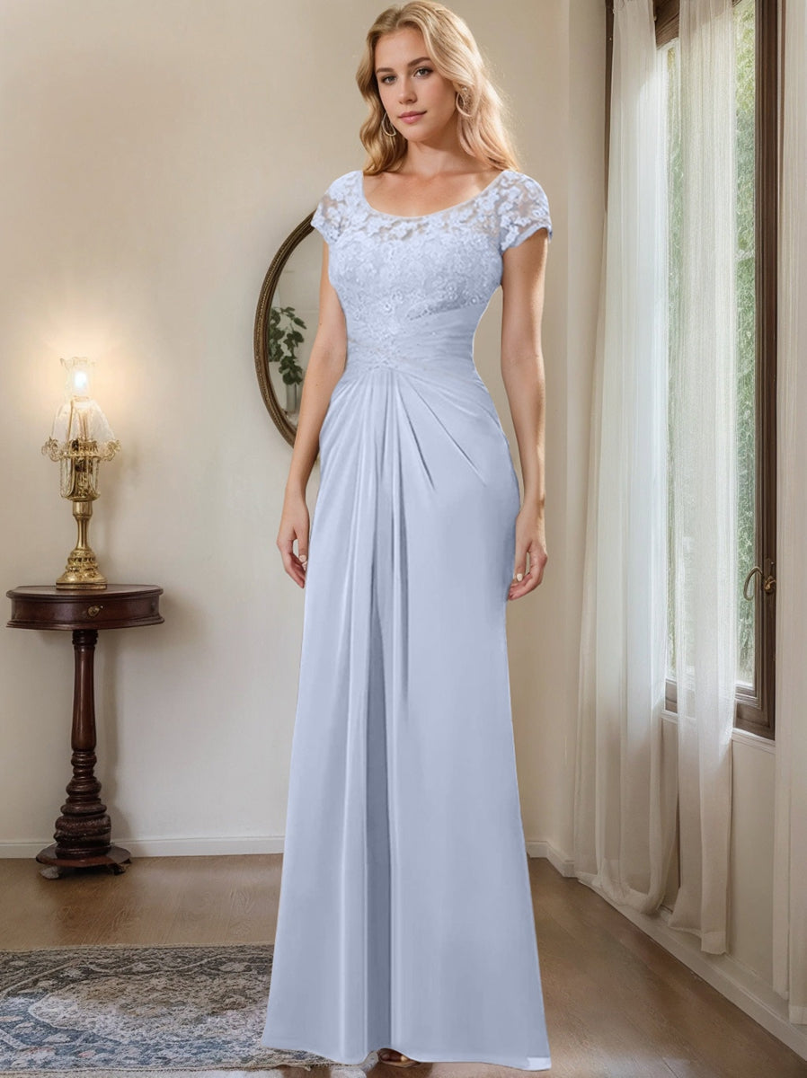 Long Chiffon Mother of the Bride Dress with Lace Ruffle and Sheath Column Scoop