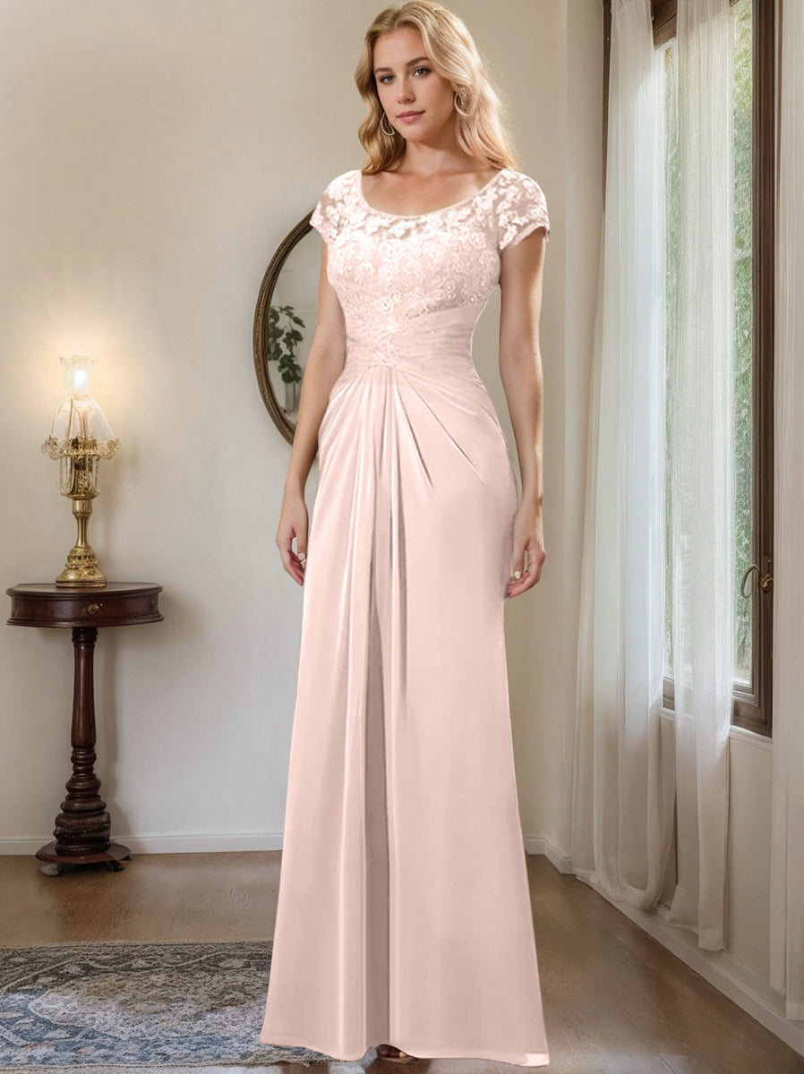 Long Chiffon Mother of the Bride Dress with Lace Ruffle and Sheath Column Scoop