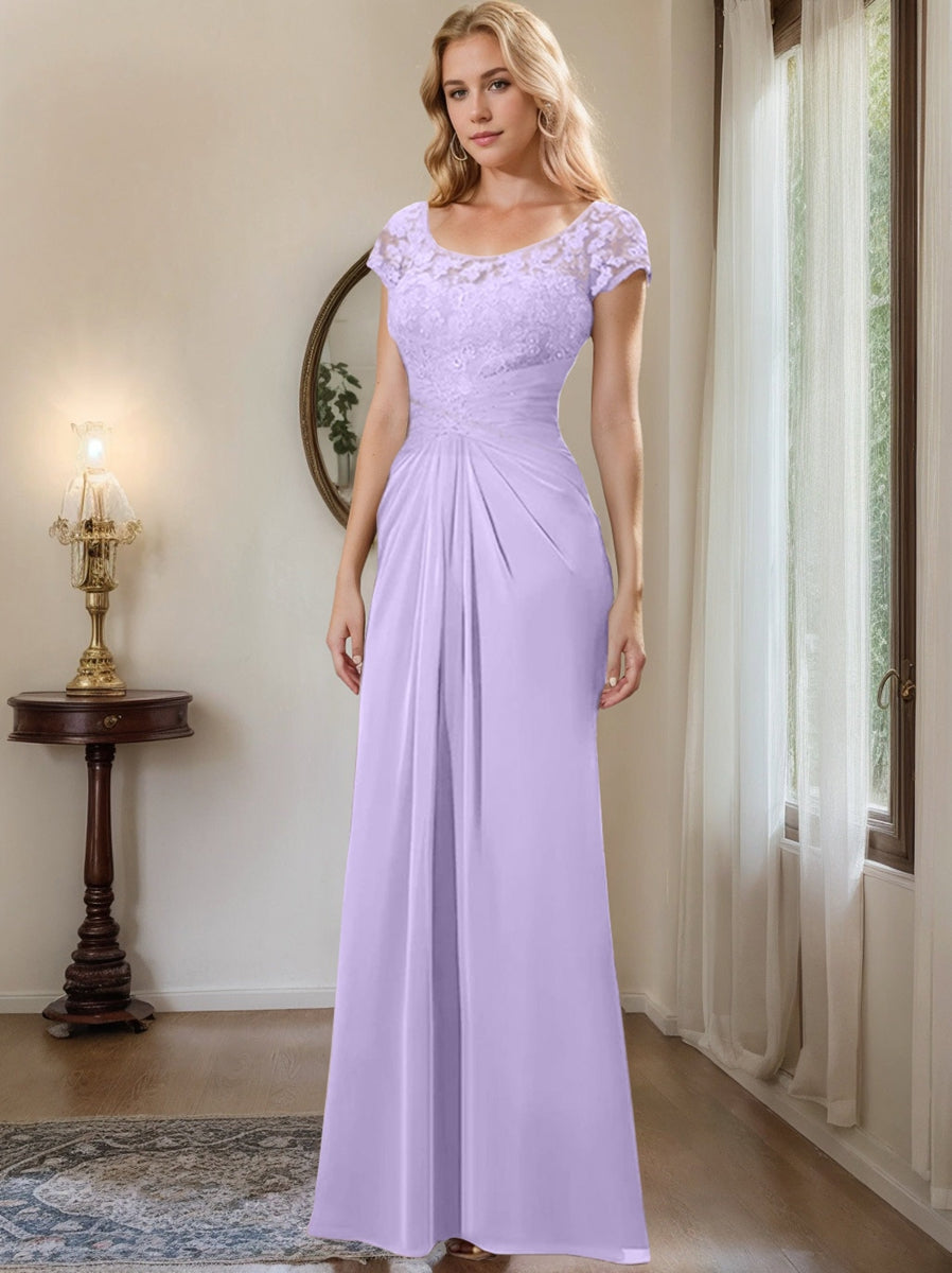 Long Chiffon Mother of the Bride Dress with Lace Ruffle and Sheath Column Scoop