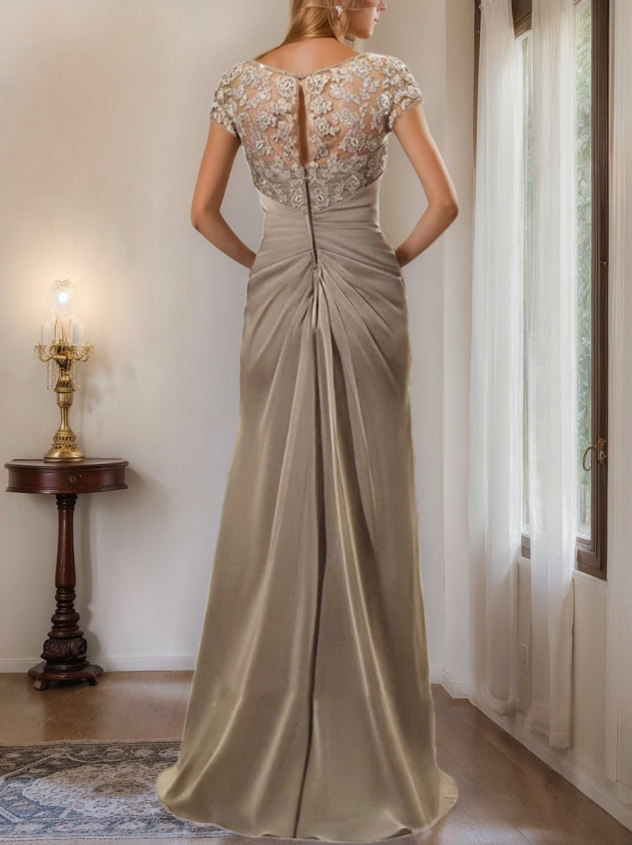 Long Chiffon Mother of the Bride Dress with Lace Ruffle and Sheath Column Scoop