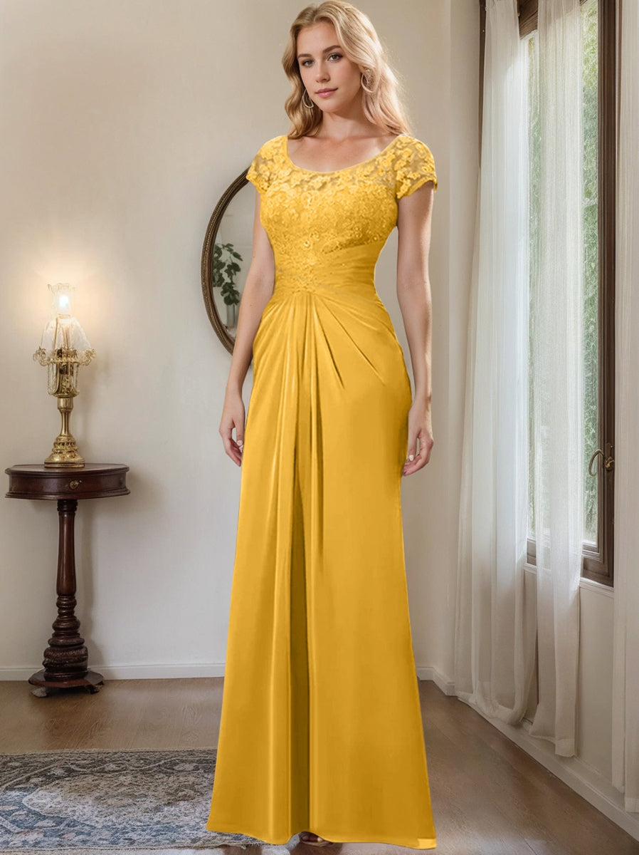 Long Chiffon Mother of the Bride Dress with Lace Ruffle and Sheath Column Scoop