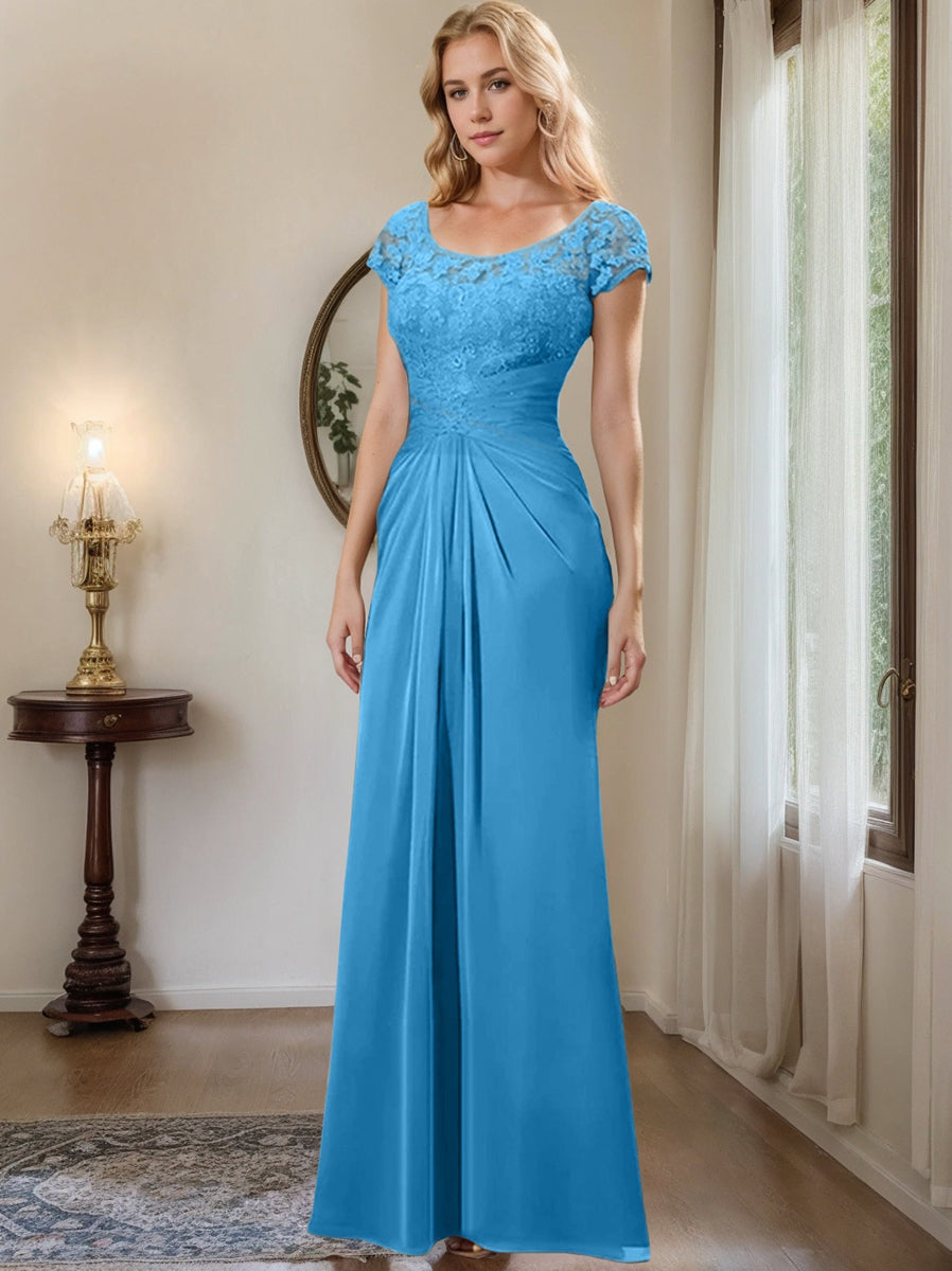 Long Chiffon Mother of the Bride Dress with Lace Ruffle and Sheath Column Scoop