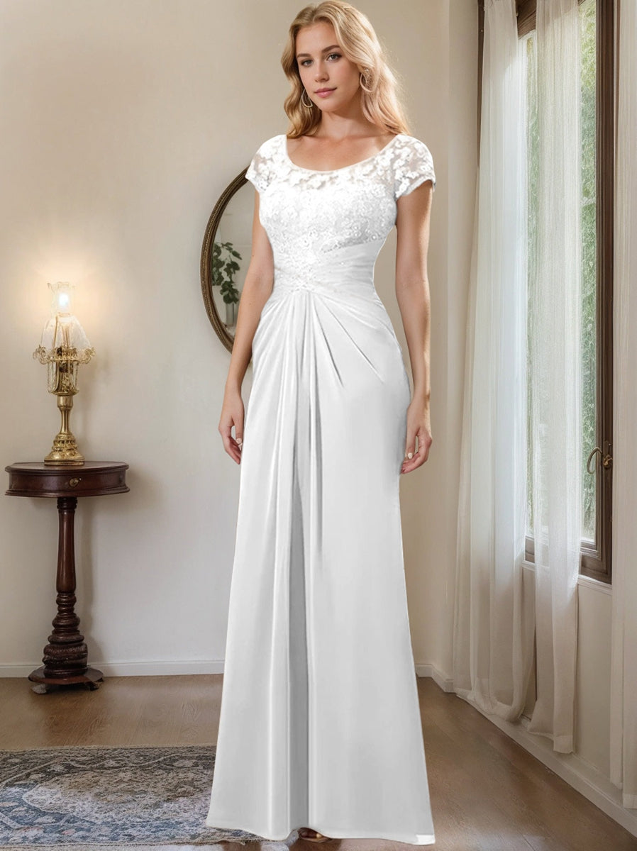 Long Chiffon Mother of the Bride Dress with Lace Ruffle and Sheath Column Scoop