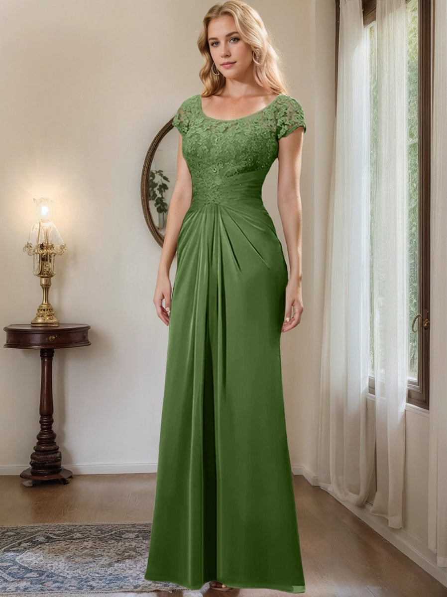 Long Chiffon Mother of the Bride Dress with Lace Ruffle and Sheath Column Scoop